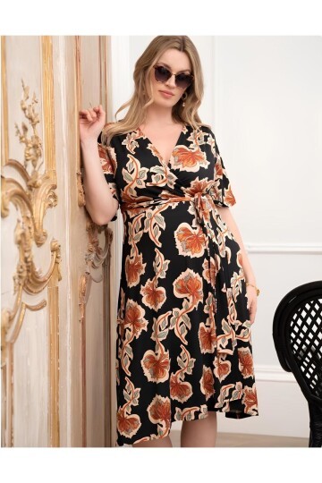 Kadın V Yaka Truvakar Kol Belden Bağlamalı Midi Boy Spor Şık Viskon Hamile Elbisesi