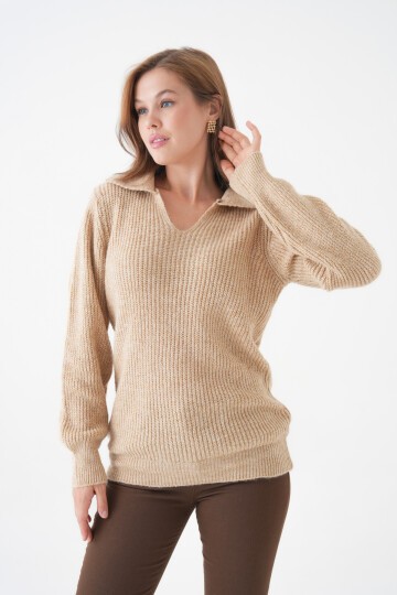 Kadın V Yakalı Basic Uzun Kol Rahat Kalıp Spor Şık Kazak