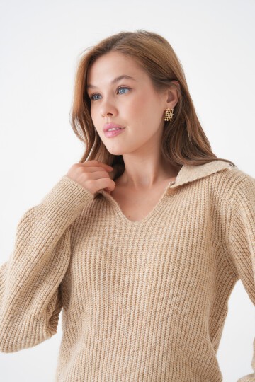 Kadın V Yakalı Basic Uzun Kol Rahat Kalıp Spor Şık Kazak