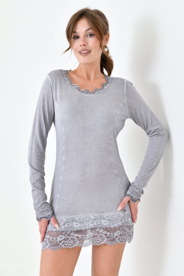 Kadın Viskon Dantel Detaylı Uzun Kol Curve Spor Şık Bluz Tunik
