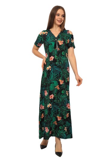 Kadın Yaka Taşlı Fermuarlı Spor Şık Maxi Boy Viskon Siyah Yeşil Curve Elbise