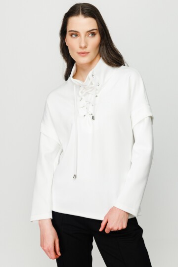 Kadın Yakası Bağcıklı Scuba Oversize Spor Şık Tasarım Sweatshirt