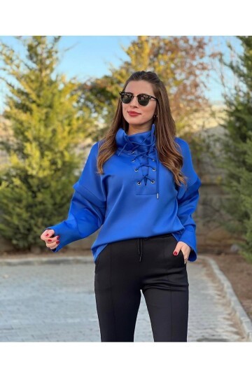 Kadın Yakası Bağcıklı Scuba Oversize Spor Şık Tasarım Sweatshirt