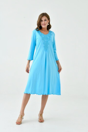 Kadın Yakası Güpürlü A Kesim Yarım Kol Viskon Günlük Midi Boy Büyük Beden Elbise Gecelik