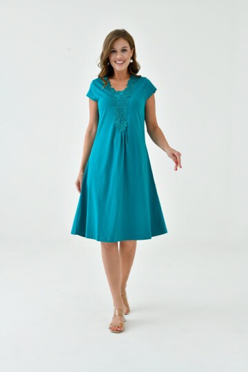 Kadın Yakası Güpürlü A Kesim Yarım Kol Viskon Günlük Midi Boy Büyük Beden Elbise Gecelik