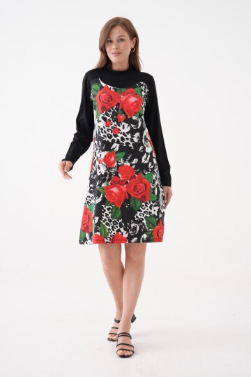 Kadın Yarım Balıkçı Uzun Kol Çiçek Desen Viskon Şık Tesettüre Uygun Tunik Curve Büyük Beden Elbise