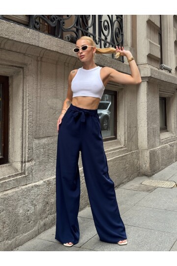 Kadın Yüksek Bel Kuşaklı %100 Viscose Pamuk Geniş Paça Şık Casual Büyük Beden Curve Pantolon