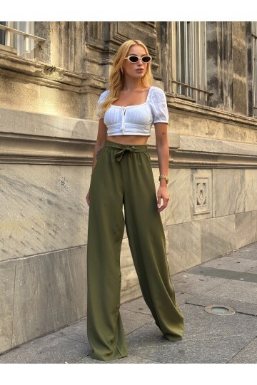 Kadın Yüksek Bel Kuşaklı %100 Viscose Pamuk Geniş Paça Şık Casual Büyük Beden Curve Pantolon