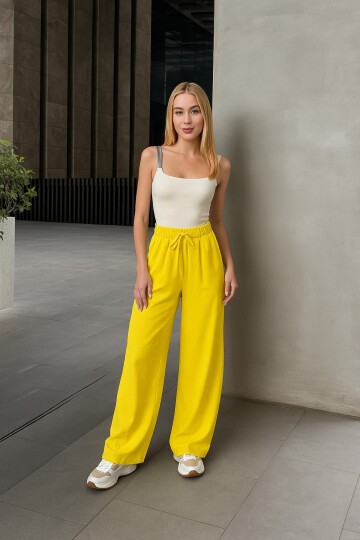 Kadın Yüksek Bel Kuşaklı %100 Viscose Pamuk Geniş Paça Şık Casual Büyük Beden Curve Pantolon