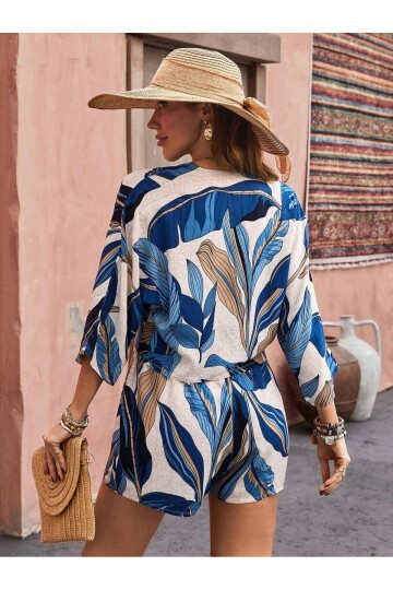 Kadın %100 Pamuk Şortlu Ceketli Desenli Yazlık Spor Şık Rahat Kalıp Kimonolu Şort Alt Üst Takım