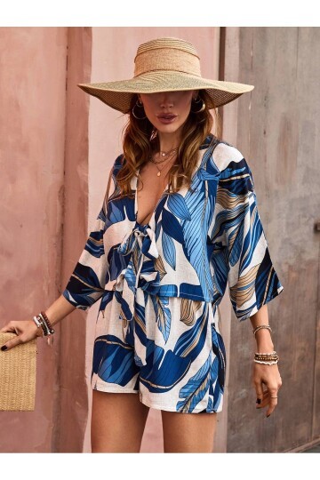Kadın %100 Pamuk Şortlu Ceketli Desenli Yazlık Spor Şık Rahat Kalıp Kimonolu Şort Alt Üst Takım