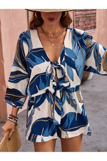 Kadın %100 Pamuk Şortlu Ceketli Desenli Yazlık Spor Şık Rahat Kalıp Kimonolu Şort Alt Üst Takım