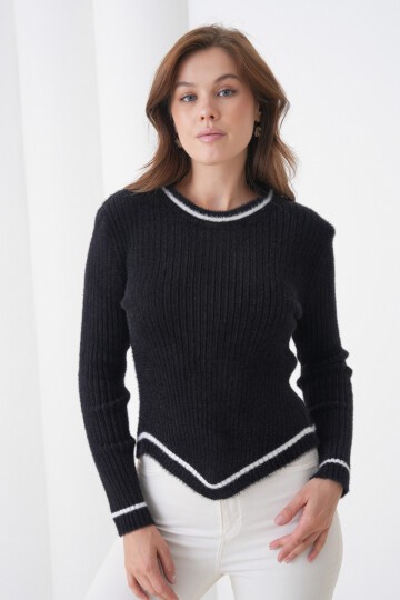 Kadın Asimetrik V Kesim Şerit Kenar Sakallı Uzun Kollu Bisiklet Yaka Spor Şık Kışlık Triko Kazak