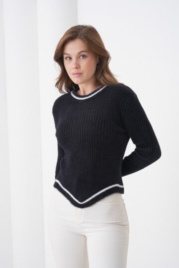 Kadın Asimetrik V Kesim Şerit Kenar Sakallı Uzun Kollu Bisiklet Yaka Spor Şık Kışlık Triko Kazak