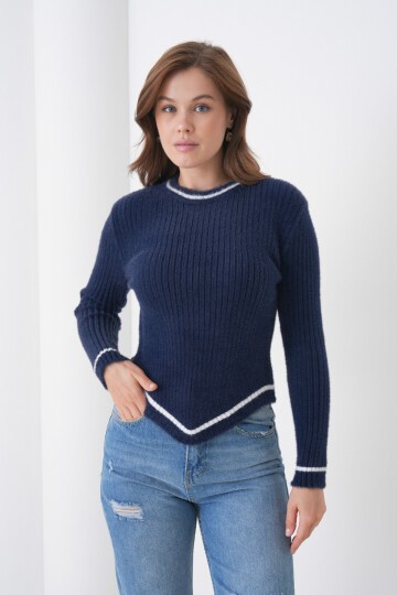 Kadın Asimetrik V Kesim Şerit Kenar Sakallı Uzun Kollu Bisiklet Yaka Spor Şık Kışlık Triko Kazak