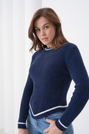 Kadın Asimetrik V Kesim Şerit Kenar Sakallı Uzun Kollu Bisiklet Yaka Spor Şık Kışlık Triko Kazak