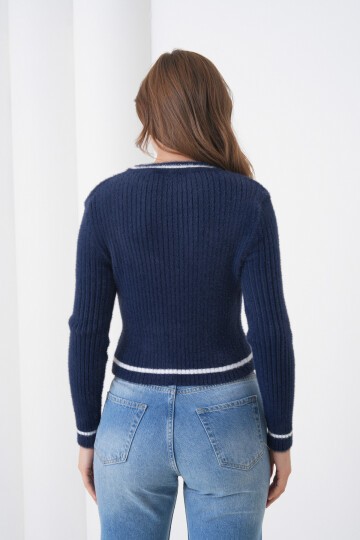 Kadın Asimetrik V Kesim Şerit Kenar Sakallı Uzun Kollu Bisiklet Yaka Spor Şık Kışlık Triko Kazak