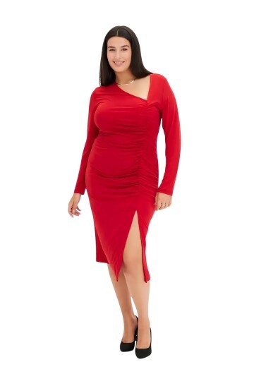 Kadın Asimetrik Yaka Büzgülü Spor Şık Gece Curve Büyük Beden Abiye Elbise
