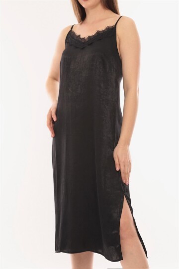 Kadın Askılı Yırtmaç Detay Sırt Bağlamalı Siyah Saten Spor Şık Curve Elbise