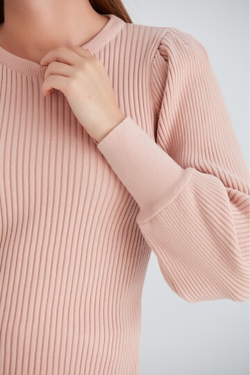 Kadın Balon Uzun Kol Pudra Rengi Spor Şık Triko Bluz