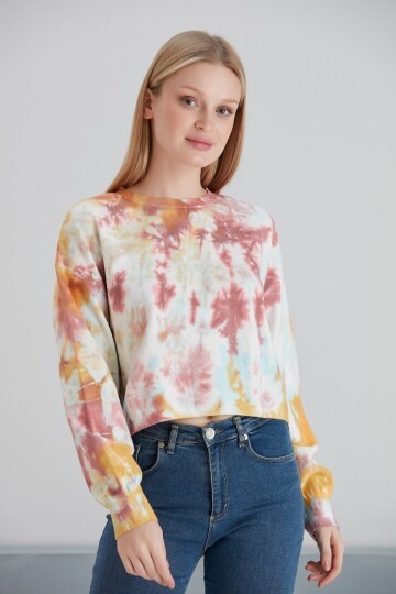 Kadın Batik Desen Crop Boy Sarı Pembe Bej Triko Kazak