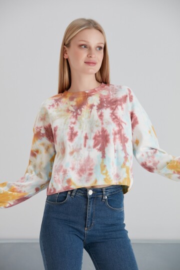 Kadın Batik Desen Crop Boy Sarı Pembe Bej Triko Kazak