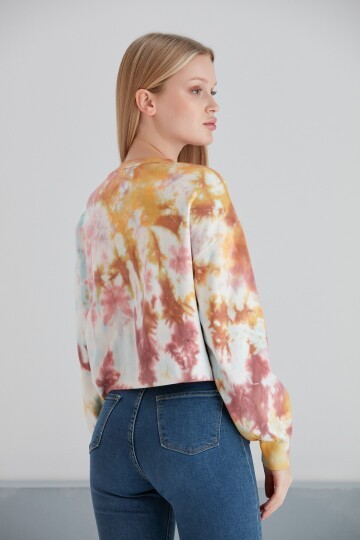 Kadın Batik Desen Crop Boy Sarı Pembe Bej Triko Kazak