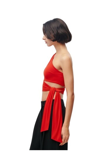 Kadın Belden Bağlama Detay Tek Kol Omzu Açık Spor Şık Rahat Kalıp Croptop Bluz