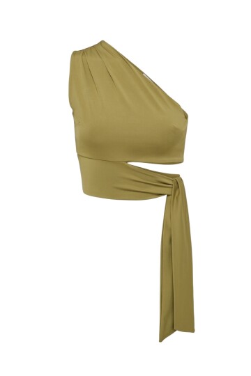 Kadın Belden Bağlama Detay Tek Kol Omzu Açık Spor Şık Rahat Kalıp Croptop Bluz