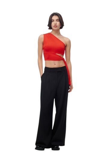 Kadın Belden Bağlama Detay Tek Kol Omzu Açık Spor Şık Rahat Kalıp Croptop Bluz