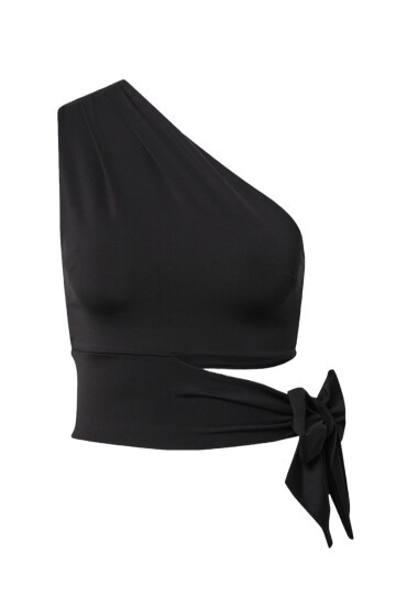 Kadın Belden Bağlama Detay Tek Kol Omzu Açık Spor Şık Rahat Kalıp Croptop Bluz