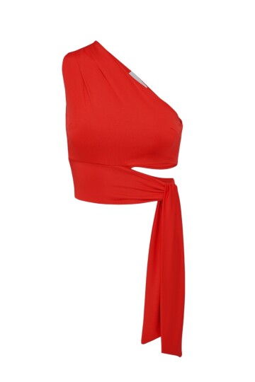 Kadın Belden Bağlama Detay Tek Kol Omzu Açık Spor Şık Rahat Kalıp Croptop Bluz