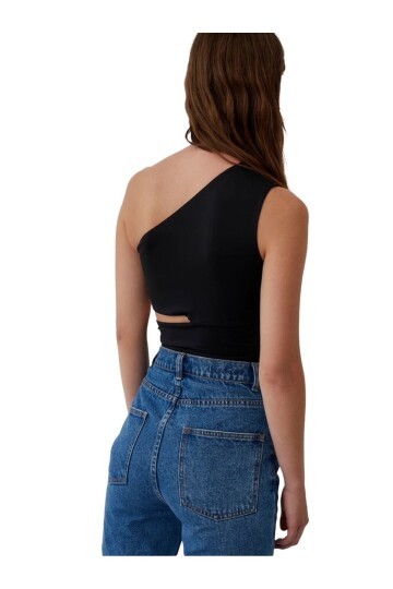 Kadın Belden Bağlama Detay Tek Kol Omzu Açık Spor Şık Rahat Kalıp Croptop Bluz