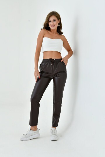 Kadın Beli Lastikli Parça Derili Spor Şık Tasarım Deri Pantolon