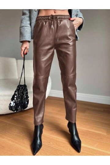Kadın Beli Lastikli Parça Derili Spor Şık Tasarım Deri Pantolon