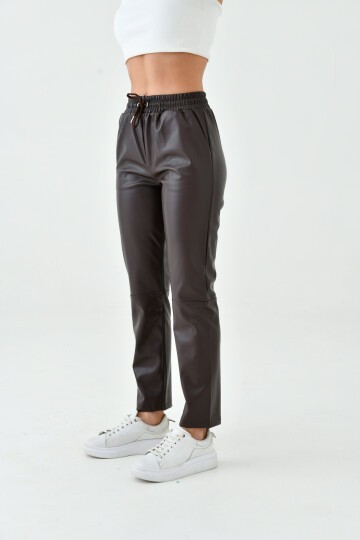 Kadın Beli Lastikli Parça Derili Spor Şık Tasarım Deri Pantolon