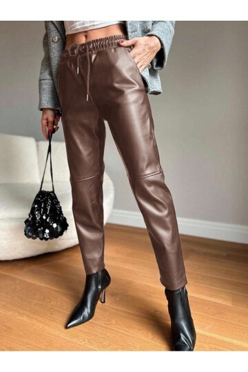 Kadın Beli Lastikli Parça Derili Spor Şık Tasarım Deri Pantolon