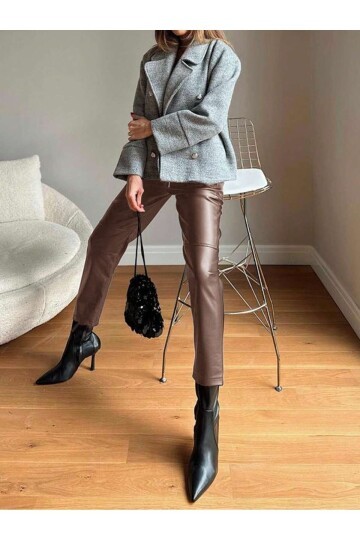 Kadın Beli Lastikli Parça Derili Spor Şık Tasarım Deri Pantolon