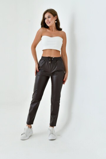 Kadın Beli Lastikli Parça Derili Spor Şık Tasarım Deri Pantolon
