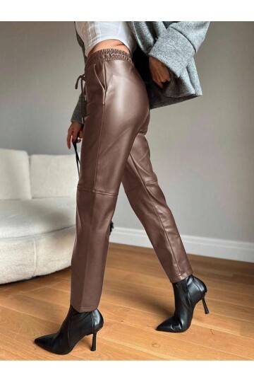Kadın Beli Lastikli Parça Derili Spor Şık Tasarım Deri Pantolon