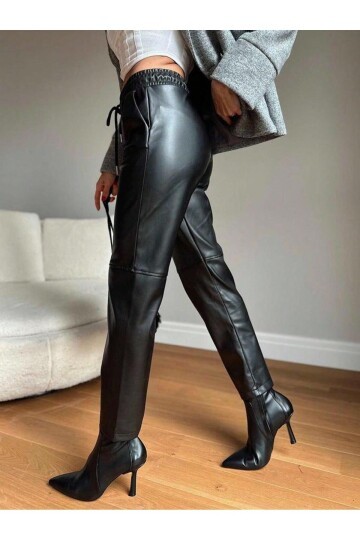 Kadın Beli Lastikli Parça Derili Spor Şık Tasarım Siyah Deri Pantolon