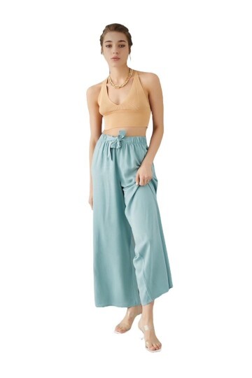 Kadın Beli Lastikli Rahat Salaş Su Yeşili Pantolon