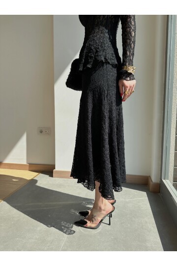 Kadın Beli Lastikli Tam Esnek Dantel Güpürlü Asimetrik Kesim Yüksek Bel Şık Midi Boy Tasarım Etek