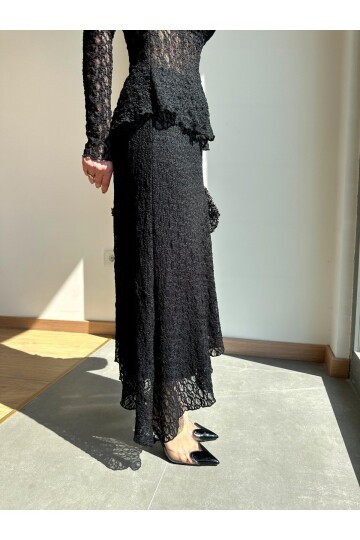 Kadın Beli Lastikli Tam Esnek Dantel Güpürlü Asimetrik Kesim Yüksek Bel Şık Midi Boy Tasarım Etek