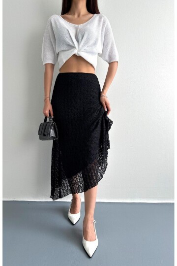 Kadın Beli Lastikli Tam Esnek Dantel Güpürlü Asimetrik Kesim Yüksek Bel Şık Midi Boy Tasarım Etek