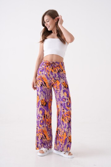 Kadın Beli Lastikli Yüksek Bel Rahat Kalıp Dokuma Viskon Kuşaklı Geniş Paça Curve Pantolon