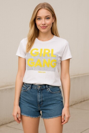 Kadın Bisiklet Yaka Baskılı Desenli Taşlı Spor Şık Yarım Kol Bluz