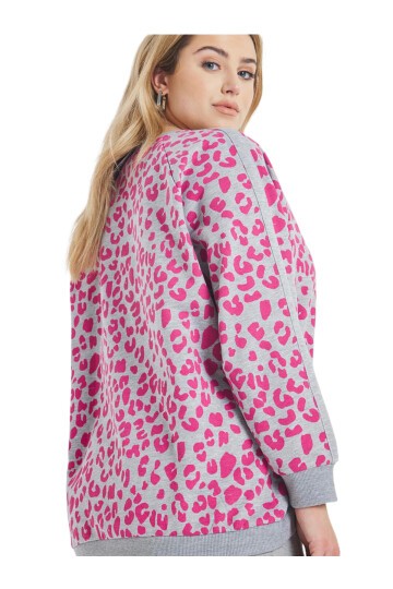 Kadın Bisiklet Yaka Fuşya Leopar Desenli Büyük Beden Curve Rahat Şık Spor Sweatshirt