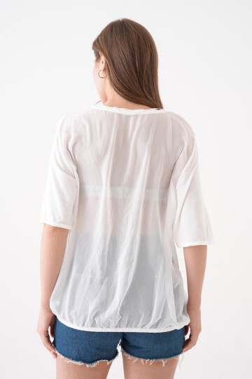 Kadın Bisiklet Yaka Kısa Kol Baskı Detaylı Spor Şık Curve Beli Lastikli Şifon Bluz