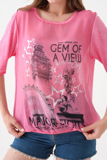 Kadın Bisiklet Yaka Kısa Kol Baskı Detaylı Spor Şık Curve Beli Lastikli Şifon Bluz